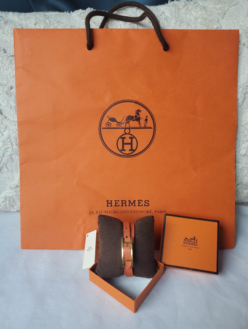 Hermes Gold-Tone H Buckle Double-Wrap Leather Bracelet